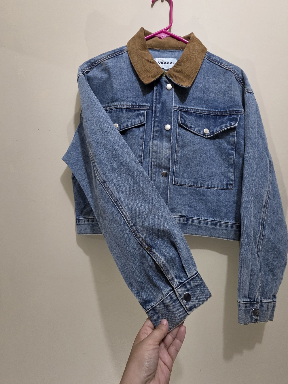 VIGOSS Cropped Denim Jacket Small Corduroy Collar Snap Front Blue - Picture 5 of 13
